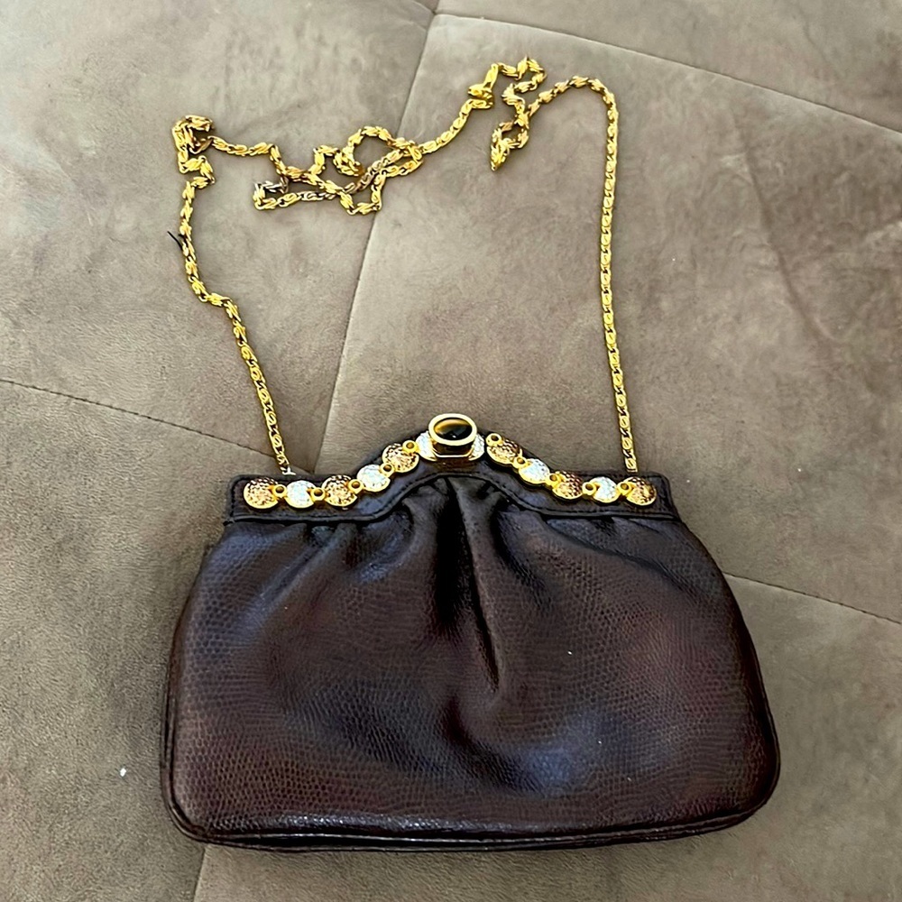Vintage brown leather and jeweler evening bag